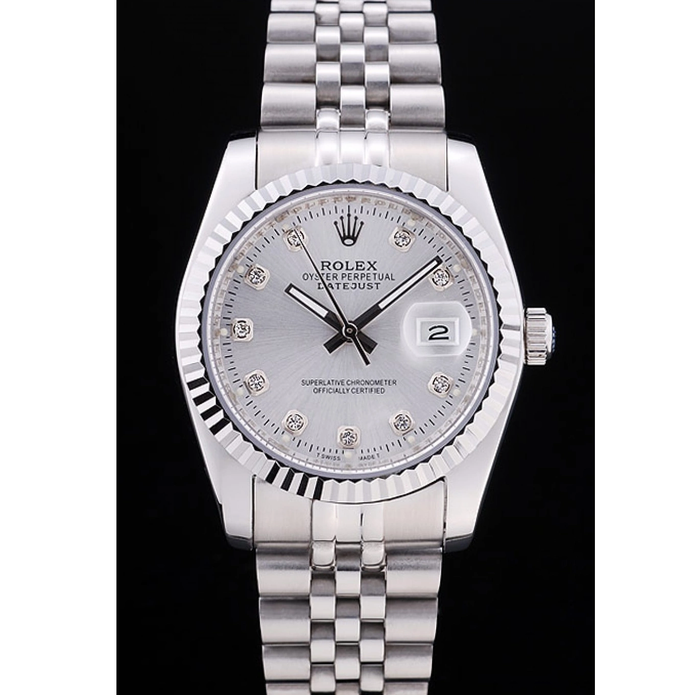 Aaa fake watches Diamonds Bezel Rolex Dial Silver Datejust 7455 Ribbed 0517
